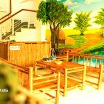 Phòng khách với bộ bàn ghế làm bằng tre nứa tạo cảm giác gần gũi với thiên nhiên